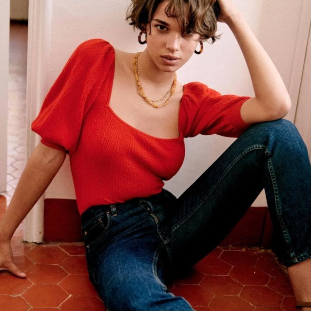 NEW Sezane Alessia Top Red Rouge‎ Puff Sleeve Cable Knit French Sweater